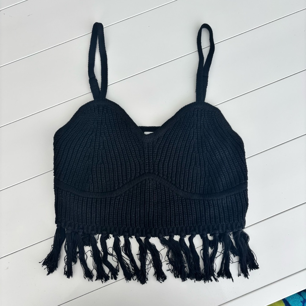 Black Knit Fringe Crop Top